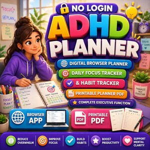 No Login ADHD Planner | Digital Browser Planner | Daily Focus Tracker & Habit Tracker | Printable Planner PDF | Complete Executive Function