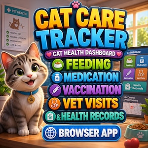 May include: A digital cat care tracker interface featuring a cartoon tabby cat with a blue collar and a paw print tag. The display includes text for feeding, medication, vaccination, vet visits, and health records, plus a browser app button.