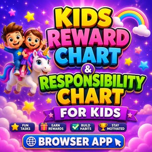 May include: A colorful digital graphic titled KIDS REWARD CHART & RESPONSIBILITY CHART FOR KIDS featuring a cartoon boy and girl riding a white unicorn. The design includes stars, a rainbow, and buttons labeled FUN TASKS, EARN REWARDS, BUILD HABITS, STAY MOTIVATED, and BROWSER APP.