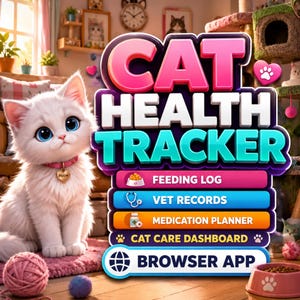 May include: A digital graphic for a Cat Health Tracker featuring a fluffy white kitten with blue eyes wearing a pink collar with a heart tag. The text reads Cat Health Tracker, Feeding Log, Vet Records, Medication Planner, Cat Care Dashboard, and Browser App.