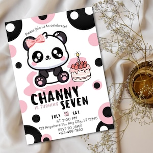 May include: A birthday party invitation featuring a cute panda bear with a pink bow, a cake, and the text "Channy is turning seven." The invitation includes the date, time, and RSVP information, with a background of pink and black polka dots.