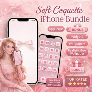 Puede incluir: Un paquete de iPhone rosa con iconos de aplicaciones, widgets y fondos de pantalla. El paquete incluye un fondo de pantalla de lazo realista y una bonificación. El texto de la imagen dice "Soft Coquette iPhone Bundle" y "Easy 3-Step Setup Guide (PDF) included."
