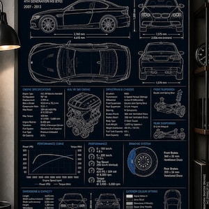 May include: A framed technical poster of the BMW E92 M3 featuring white line drawings of the car from four angles, engine diagrams, performance curves, and detailed specifications. The dark blue background displays text including engine specs, drivetrain, chassis, and exterior color options in white font.