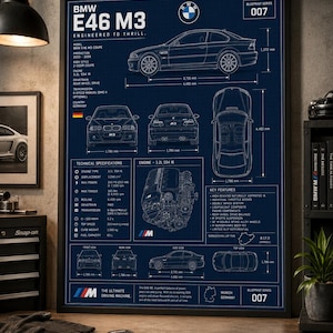 May include: A dark blue framed blueprint poster of a BMW E46 M3, featuring technical specifications, engine diagrams, and multiple views of the car. The print includes white line drawings, text, and dimensions in millimeters, showcasing the vehicle's design and engineering details on a grid background.