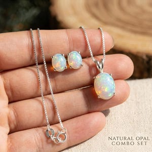 Natural Opal Stud and Pendant Set, Sterling Silver, Oval Gemstone, October Birthstone (No Chain)