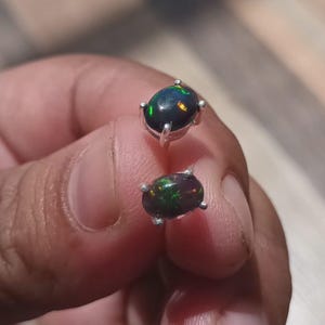 May include: A pair of oval-shaped black opal stud earrings. The opals have flashes of green and orange. The earrings are set in a silver metal. The earrings are held in a hand.