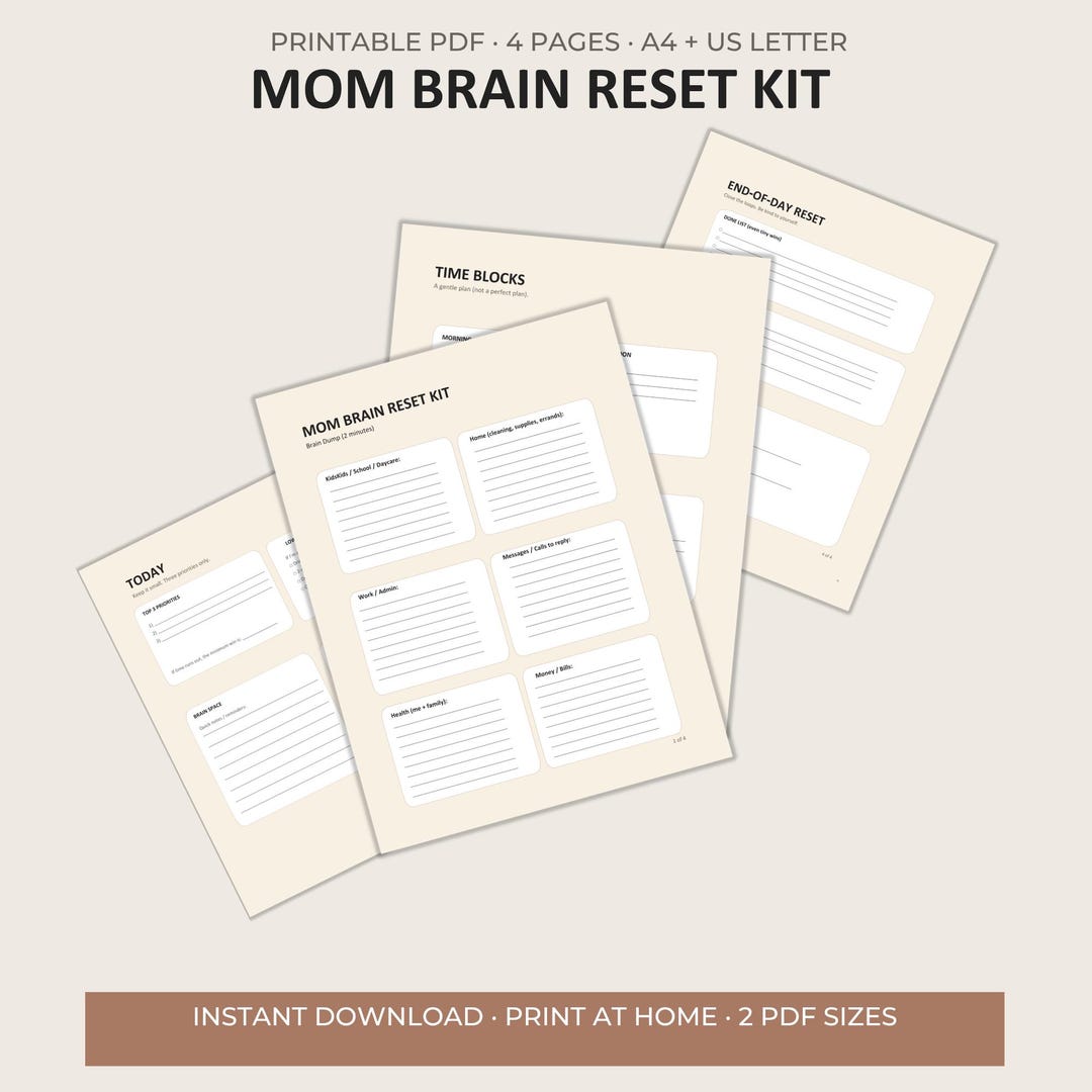 Mom Brain Reset Kit, Printable Worksheets for Busy Moms (digital ...