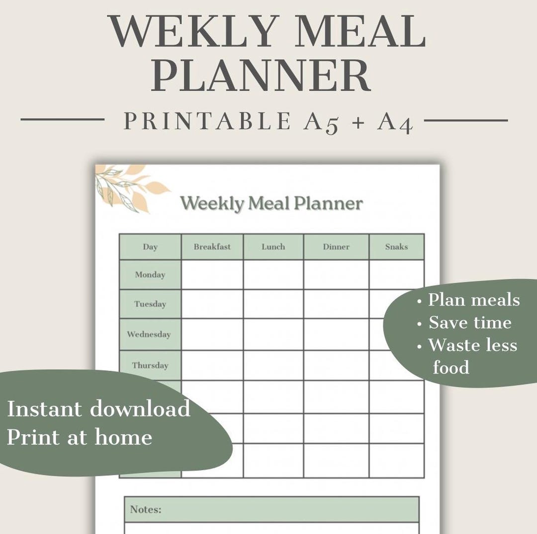 Food Plan Note Weekly Meal Planner Printable A4 A5 | Minimalist Meal Planning PDF ...