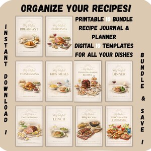 Op de afbeelding: Een verzameling van tien digitale receptenboeken en planners, elk met een ander thema, zoals ontbijt, Kerstmis en diner. De boeken zijn getiteld "My Perfect" en zijn ontworpen voor digitaal gebruik. De tekst "Organiseer je recepten!" is zichtbaar.