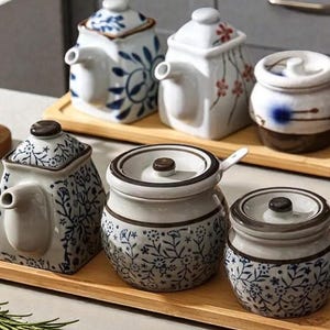 Tarro de cerámica para condimentos: tarrinas con tapa y cuchara