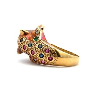 18K Gold Leopard Ring, Sapphire Ruby Emerald Diamond, Bold Animal Jewelry, 5.72g, US Size 4.5, BI007G