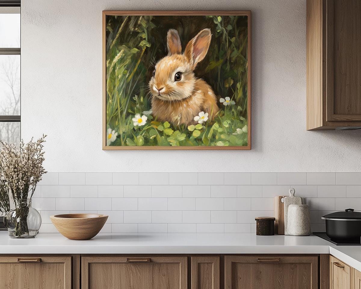 Baby Easter Bunny Print, Spring Meadow Flowers, Cottagecore, Animal ...