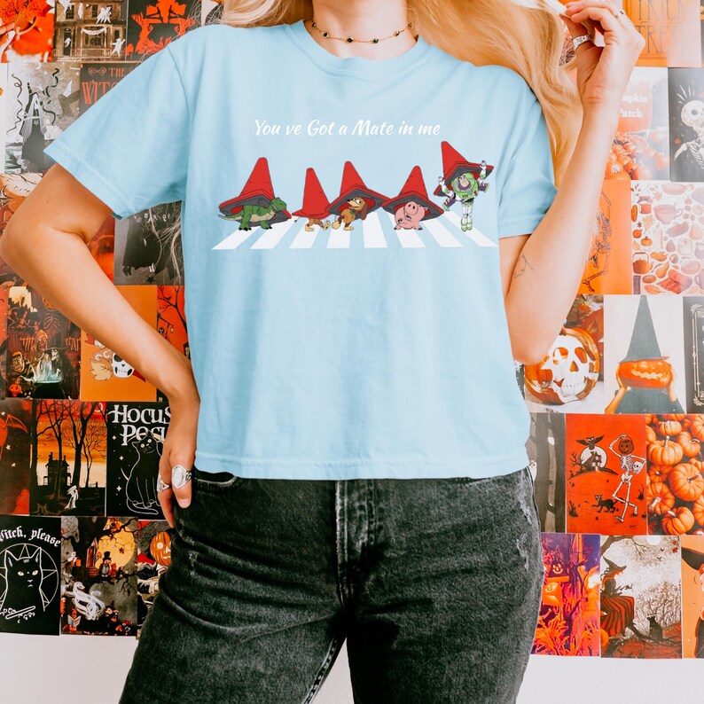 May include: Light blue t-shirt with the text "You've Got a Mate in me" above a graphic of four characters crossing a crosswalk. The characters are wearing red hats. The shirt is made of a soft material.