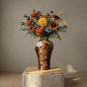 Puede incluir: Un jarrón decorativo con un patrón veteado marrón y beige, lleno de un vibrante ramo de flores naranjas, amarillas y marrones, y follaje verde. El jarrón se exhibe sobre un pedestal de piedra.