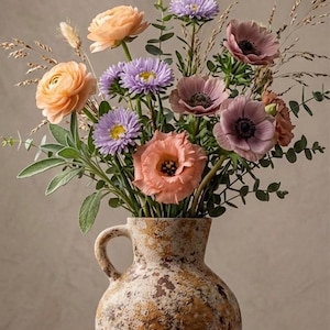 Può includere: Una composizione floreale in un vaso beige e marrone strutturato. Il bouquet presenta fiori color pesca, viola e rosa, con fogliame verde ed erbe secche. Il vaso ha un manico.