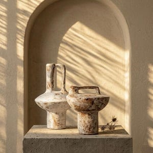 May include: Two ceramic vases with a textured, aged appearance. One vase is tall with a handle, the other is shorter with a handle on top. Both are off-white with brown accents, set on a concrete block against a beige wall with shadows.