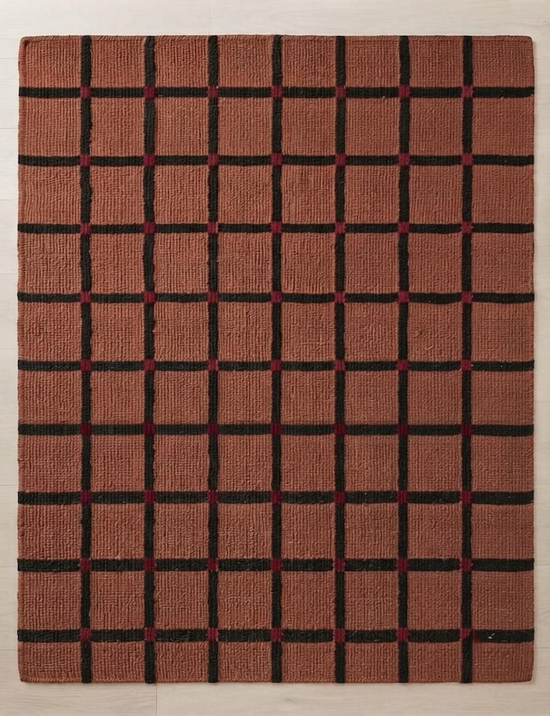 Bugundy Check Rug Handloom Plaid Rug, Handwoven Brown Area Rug, Rustic Farmhouse Carpet ...