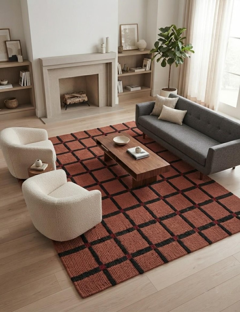 Handloom Plaid Rug, Handwoven Brown Area Rug, Rustic Farmhouse Carpet ...