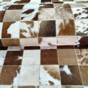 Patchwork Cowhide Rug, Brown White Checkered Cowhide Carpet, Handmade Leather Area Rug, Rustic Western Farmhouse Home Decor