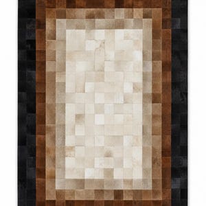 May include: A rectangular area rug constructed from a grid of square patches in a gradient colour pattern. The outer border consists of black squares, transitioning inward to medium brown squares, and finishing with a centre of cream-coloured squares.