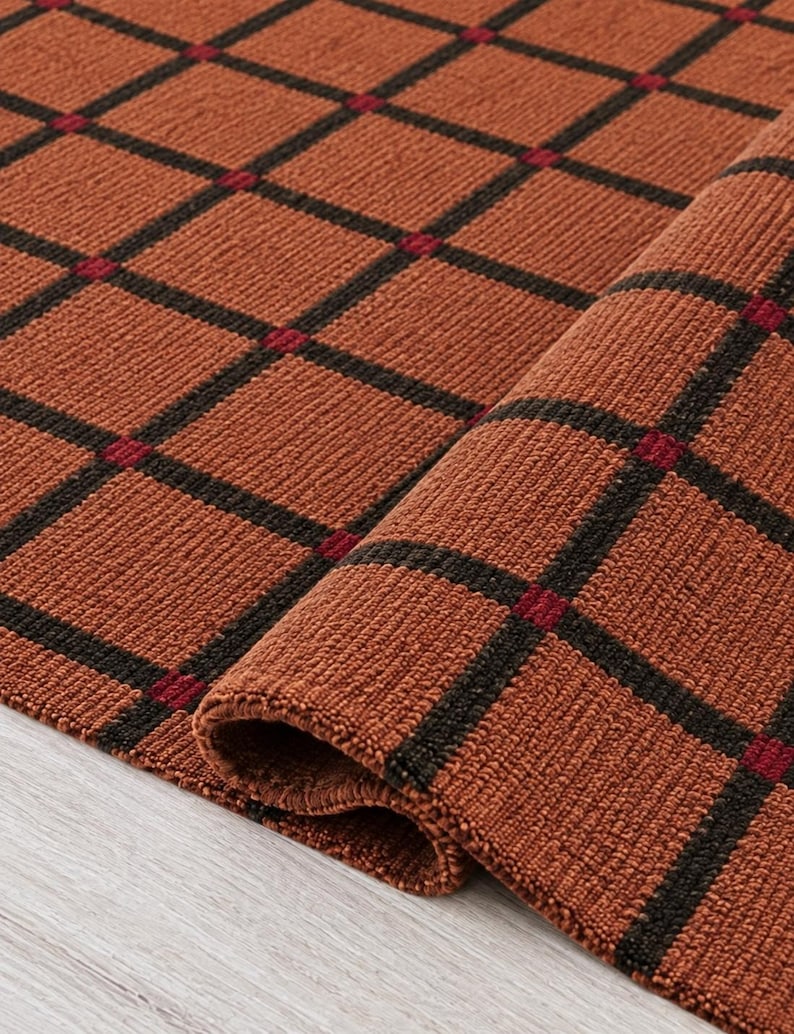 Bugundy Check Rug Handloom Plaid Rug, Handwoven Brown Area Rug, Rustic Farmhouse Carpet ...