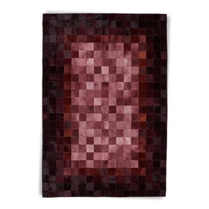 May include: A rectangular area rug constructed from a patchwork of square leather tiles. The design features a gradient color scheme, transitioning from a deep, dark burgundy border to a lighter, dusty rose pink center in a grid pattern.