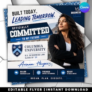 Pode incluir: Um folheto azul marinho e branco com uma foto de uma mulher de blazer. O texto inclui "Built Today, Leading Tomorrow," "Officially Committed," e "Columbia University." O folheto promove um diploma em direito empresarial.
