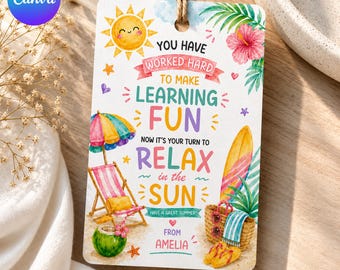 Etichetta regalo per insegnanti "Relax al sole", etichette di ringraziamento estive, modello digitale stampabile, apprezzamento per insegnanti modificabile su Canva, download immediato.