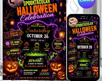 Halloween Party Invitation Template, Editable Canva Invite, Spooky Birthday Party Invitation, Printable Invite, DIY text, Instant download