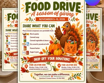 Fall Food Drive Flyer, Thanksgiving Food Drive, PTA PTO School Flyer, Church Charity Event, Food Donation, Editable Canva Template