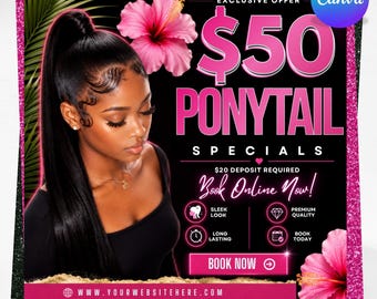 Ponytail Specials Flyer Template, Editable Canva Hair Stylist Flyer, Hair Salon Promotion Template, Beauty Business Digital Download