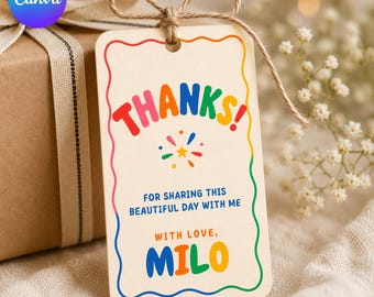 Printable Kids Birthday Thank You Tag, Editable Canva Template, Colorful Party Favor Tags, Rainbow Gift Tag, Instant Download DIY