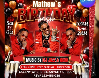 Flyer de fête d'anniversaire, flyer d'anniversaire pour hommes, fête d'anniversaire de garçon, anniversaire de cancer, modèle de toile modifiable, texte DIY, téléchargement immédiat