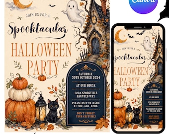 Spooky Pumpkin Halloween Party Invitation Template, Editable Canva Invite, Printable Fall Party Flyer, DIY text, Instant download