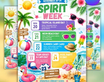 Editable Summer Spirit Week Flyer Template | Tropical Beach Theme School Poster | PTA PTO Newsletter | School Spirit Week Schedule