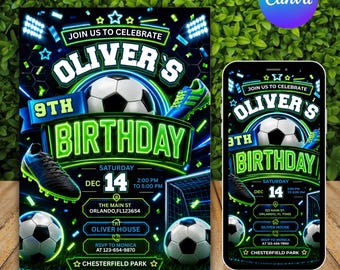 Soccer Birthday Party Invitation, Editable Canva Template, Custom Goal-Themed Sports Invite, Soccer GOAT Party Invite, instant Download