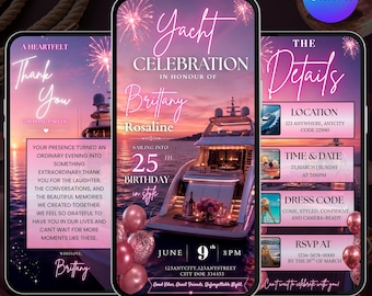 Pink Yacht Birthday Video Invitation, Animated Digital Evite, Editable Template, Boat Party, Instant Download, DIY text, Instant download