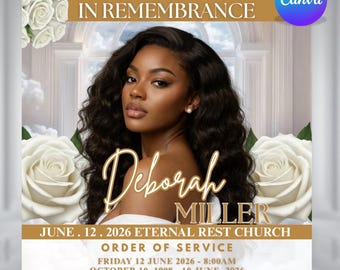 White Gold Funeral Announcement Flyer, Celebration of Life Invitation, Editable Canva Template, Digital Download, DIY text, instant download