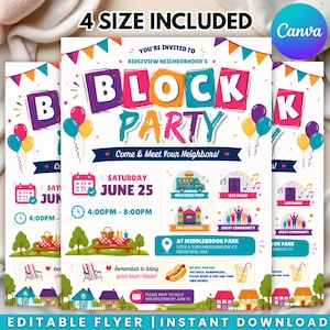 Könnte beinhalten: Ein digitaler Flyer für ein Nachbarschaftsfest mit buntem Text, der BLOCK PARTY, YOU'RE INVITED TO RIDGEVIEW NEIGHBORHOOD'S, Come & Meet Your Neighbors!, SATURDAY JUNE 25, 4:00PM - 8:00PM, AT MIDDLEBROOK PARK und weitere Details anzeigt.