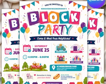 Editable Block Party Flyer Template | Neighborhood Event Flyer | Community Party Invitation | Street Party Poster | Canva Template
