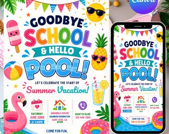 End of School Party Invitation, Schools Out Party Invite, Summer Pool Party Flyer, Hello Summer Invitation,DIY text, Instant Download