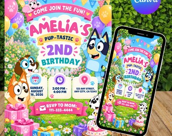 Cute Dog Birthday Invitation, Blue Puppy Party Invite, Editable Canva Template, Bingo Birthday Invitation, Kids Printable Card