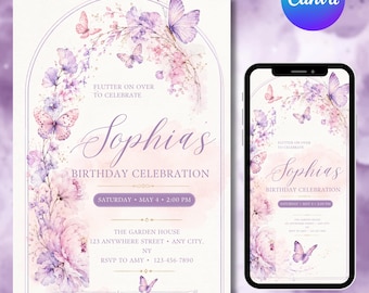 Butterfly Birthday Invitation Template, Editable Boho Pink Floral, Printable Invite for Girls, 5x7, DIY text, Instant download