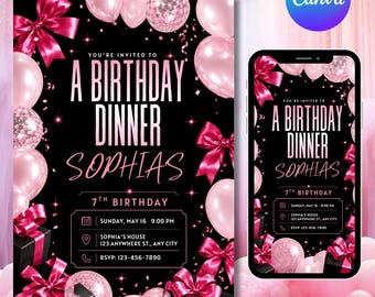 Pink Birthday Dinner Invitation, Editable Digital Invite Template, Modern Minimalist Party Evite, Phone & Print Friendly, Instant Download