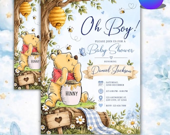 Editable Winnie The Pooh Baby Shower Invitation, Blue Bear Design (Canva Template)