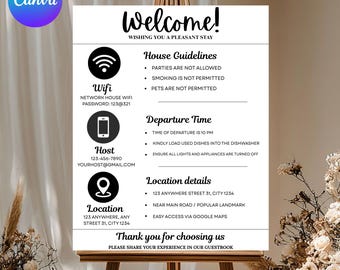 Welcome Sign for Short Term Rental Hosts, Editable Airbnb & VRBO Welcome Template, WiFi Guest Check-In Guide, DIY text, instant download