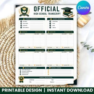 May include: A printable high school transcript document featuring a dark green and gold color scheme. The form includes sections for student and school information, grade 9 through 12 course records, a graduation summary, honors, and school certification.