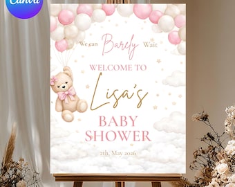 Letrero de bienvenida para baby shower con globo de oso marrón, póster "Podemos esperar", decoración bohemia rosa para baby shower de niña, texto DIY, descarga instantánea