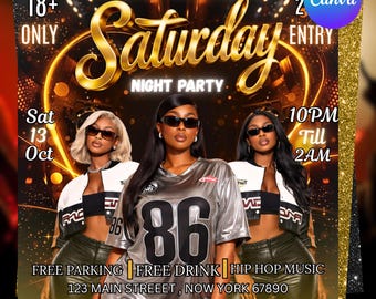 Flyer de la fête du samedi soir, invitation à un événement club, Flyer de boîte de nuit DJ, Happy Hour Party, modèle de toile modifiable, texte DIY, téléchargement immédiat