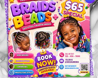 Kids Braids and Beads Flyer, Hair Stylist Booking Template, DIY Editable, Instant Download